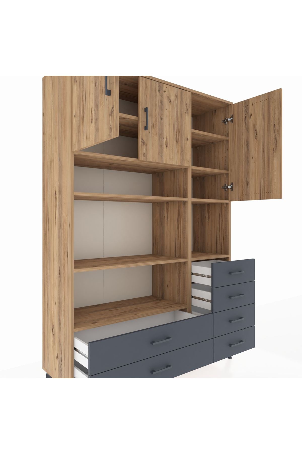 Hyperion Dolap 9 Raflı 6 Çekmeceli 3 Kapaklı 132x44x195 Çam-Çam/Antrasit