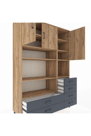 Hyperion Dolap 9 Raflı 6 Çekmeceli 3 Kapaklı 132x44x195 Çam-Çam/Antrasit