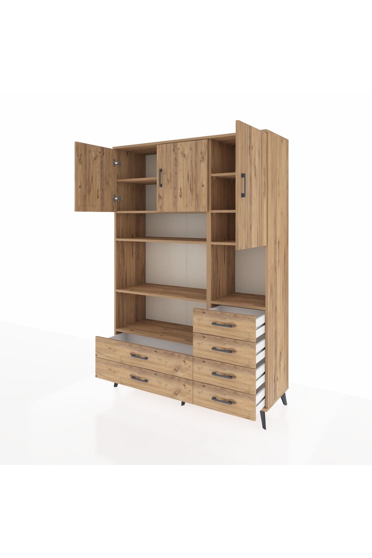 Hyperion Dolap 9 Raflı 6 Çekmeceli 3 Kapaklı 132x44x195 Çam-Çam/Çam