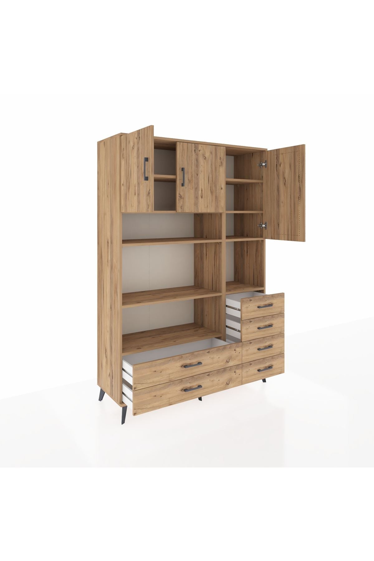 Hyperion Dolap 9 Raflı 6 Çekmeceli 3 Kapaklı 132x44x195 Çam-Çam/Çam