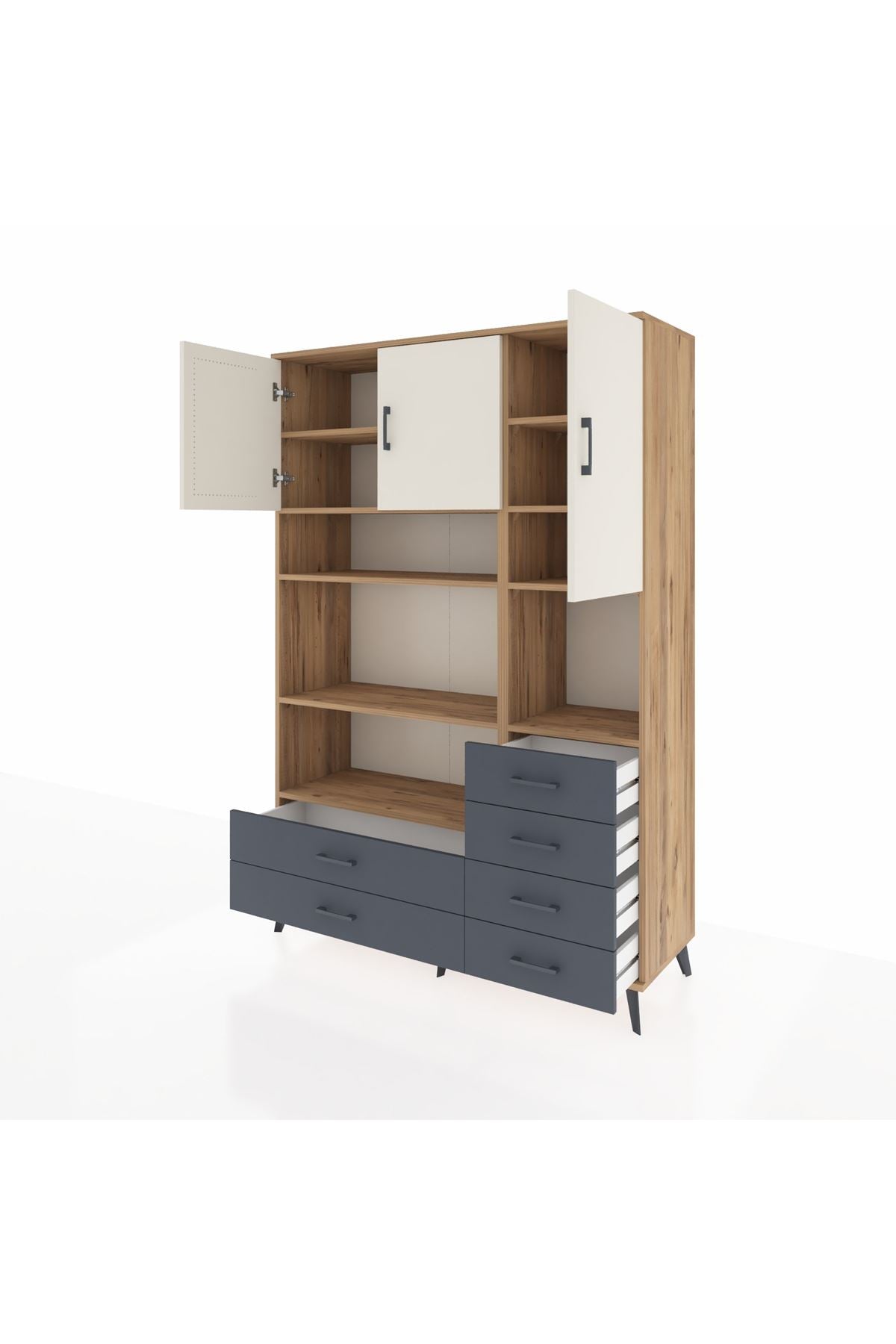 Hyperion Dolap 9 Raflı 6 Çekmeceli 3 Kapaklı 132x44x195 Çam-Aytaşı/Antrasit