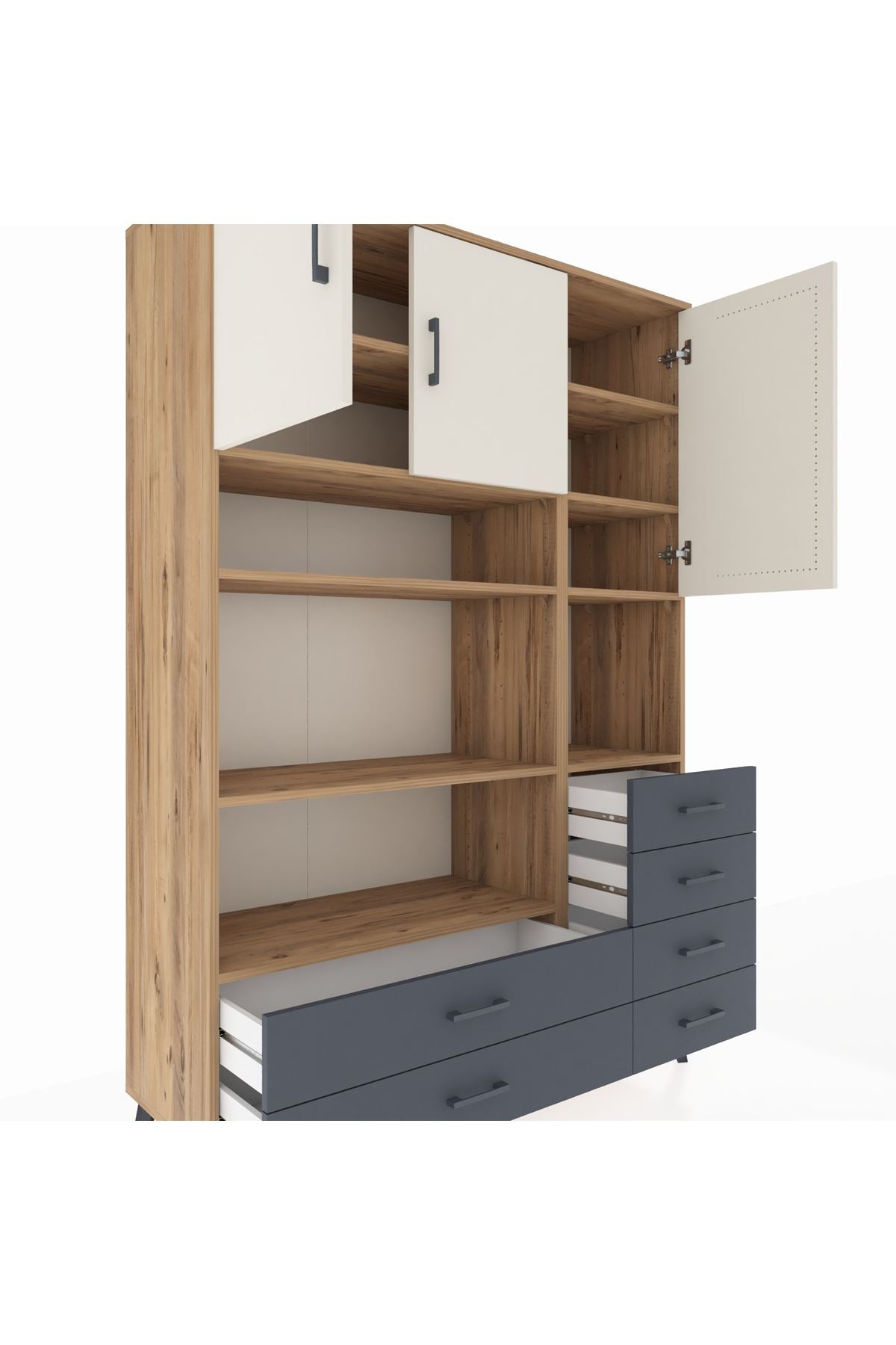 Hyperion Dolap 9 Raflı 6 Çekmeceli 3 Kapaklı 132x44x195 Çam-Aytaşı/Antrasit