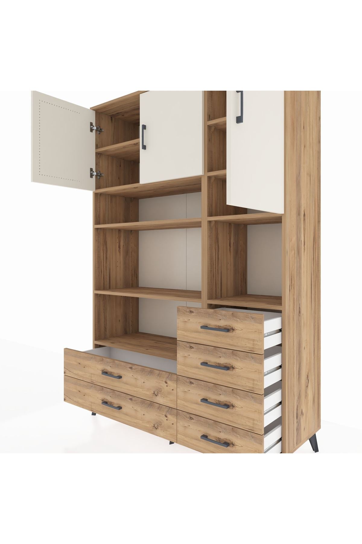 Hyperion Dolap 9 Raflı 6 Çekmeceli 3 Kapaklı 132x44x195 Çam-Aytaşı/Çam