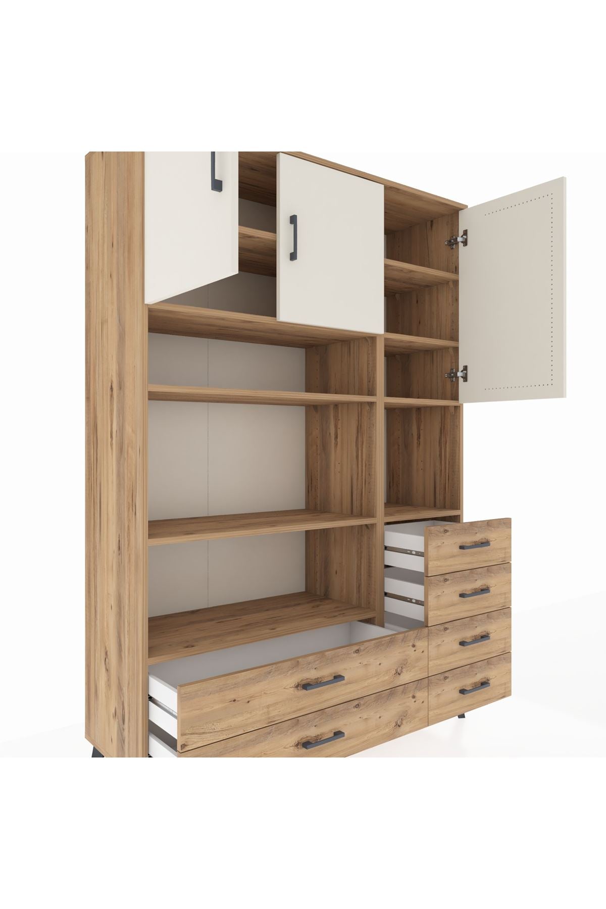 Hyperion Dolap 9 Raflı 6 Çekmeceli 3 Kapaklı 132x44x195 Çam-Aytaşı/Çam