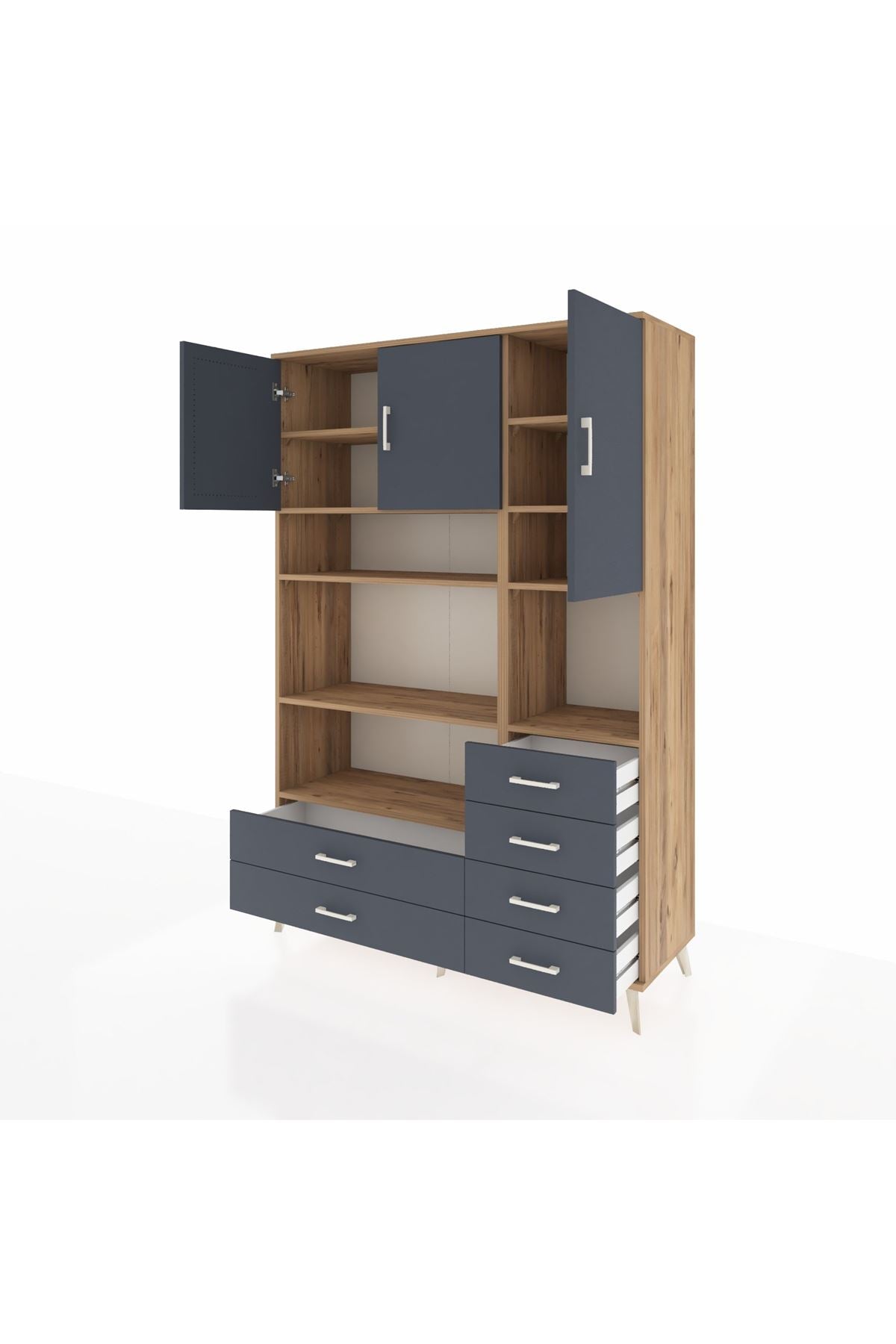 Hyperion Dolap 9 Raflı 6 Çekmeceli 3 Kapaklı 132x44x195 Çam-Antrasit/Antrasit