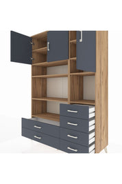 Hyperion Dolap 9 Raflı 6 Çekmeceli 3 Kapaklı 132x44x195 Çam-Antrasit/Antrasit