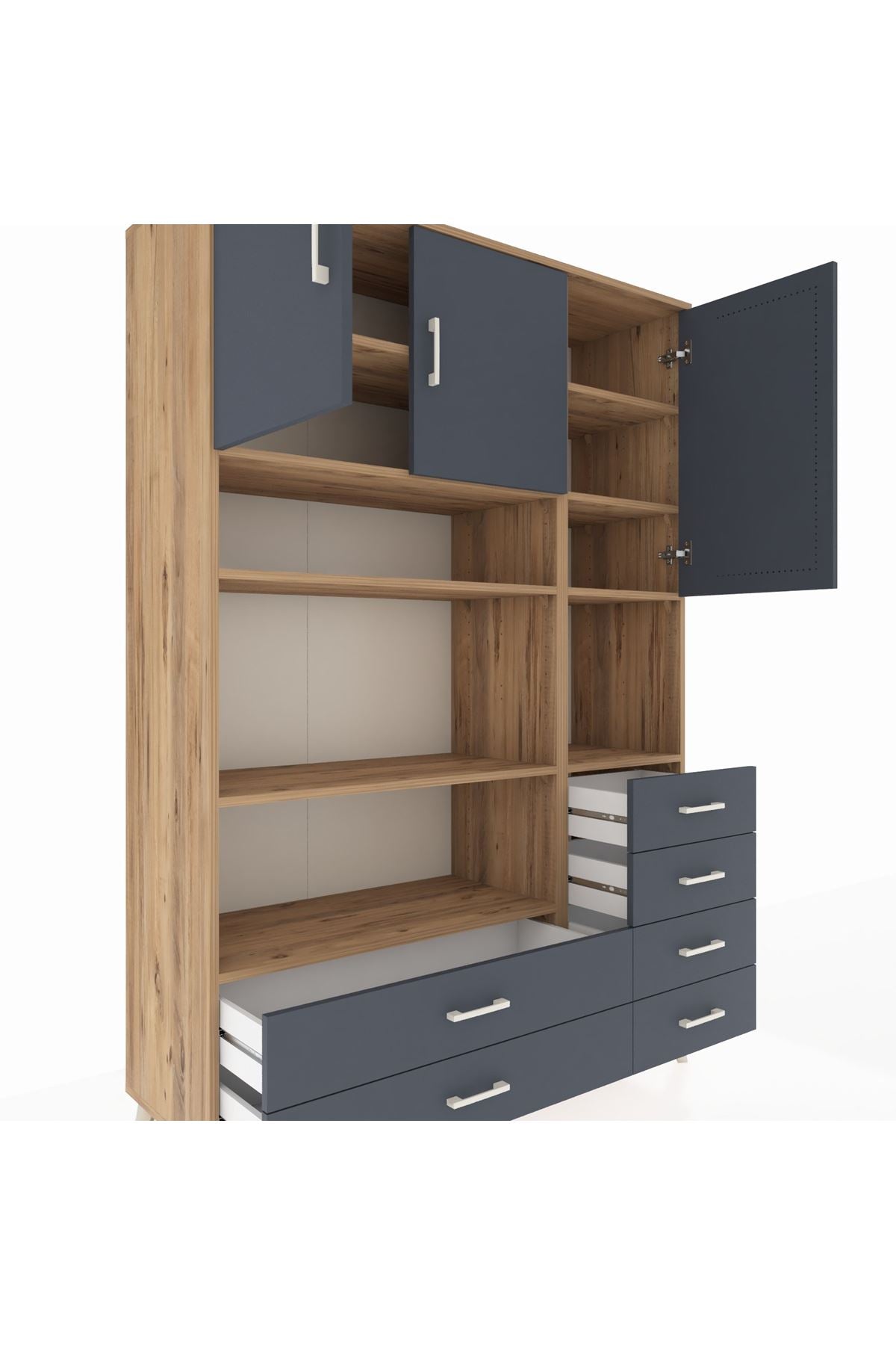 Hyperion Dolap 9 Raflı 6 Çekmeceli 3 Kapaklı 132x44x195 Çam-Antrasit/Antrasit