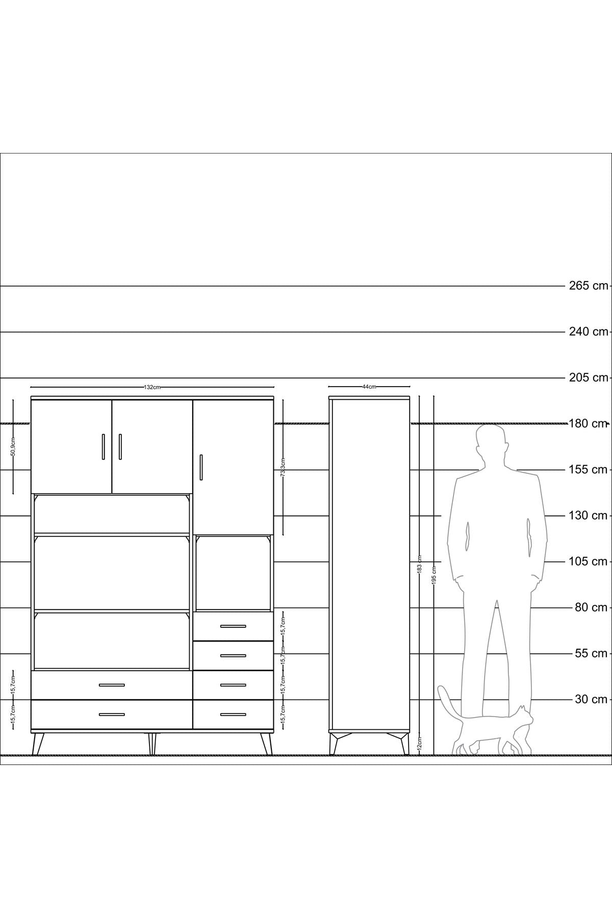 Hyperion Dolap 9 Raflı 6 Çekmeceli 3 Kapaklı 132x44x195 Çam-Antrasit/Antrasit