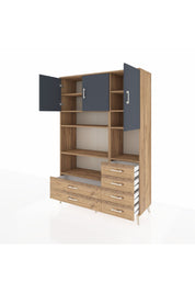 Hyperion Dolap 9 Raflı 6 Çekmeceli 3 Kapaklı 132x44x195 Çam-Antrasit/Çam
