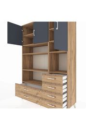 Hyperion Dolap 9 Raflı 6 Çekmeceli 3 Kapaklı 132x44x195 Çam-Antrasit/Çam