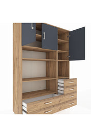 Hyperion Dolap 9 Raflı 6 Çekmeceli 3 Kapaklı 132x44x195 Çam-Antrasit/Çam