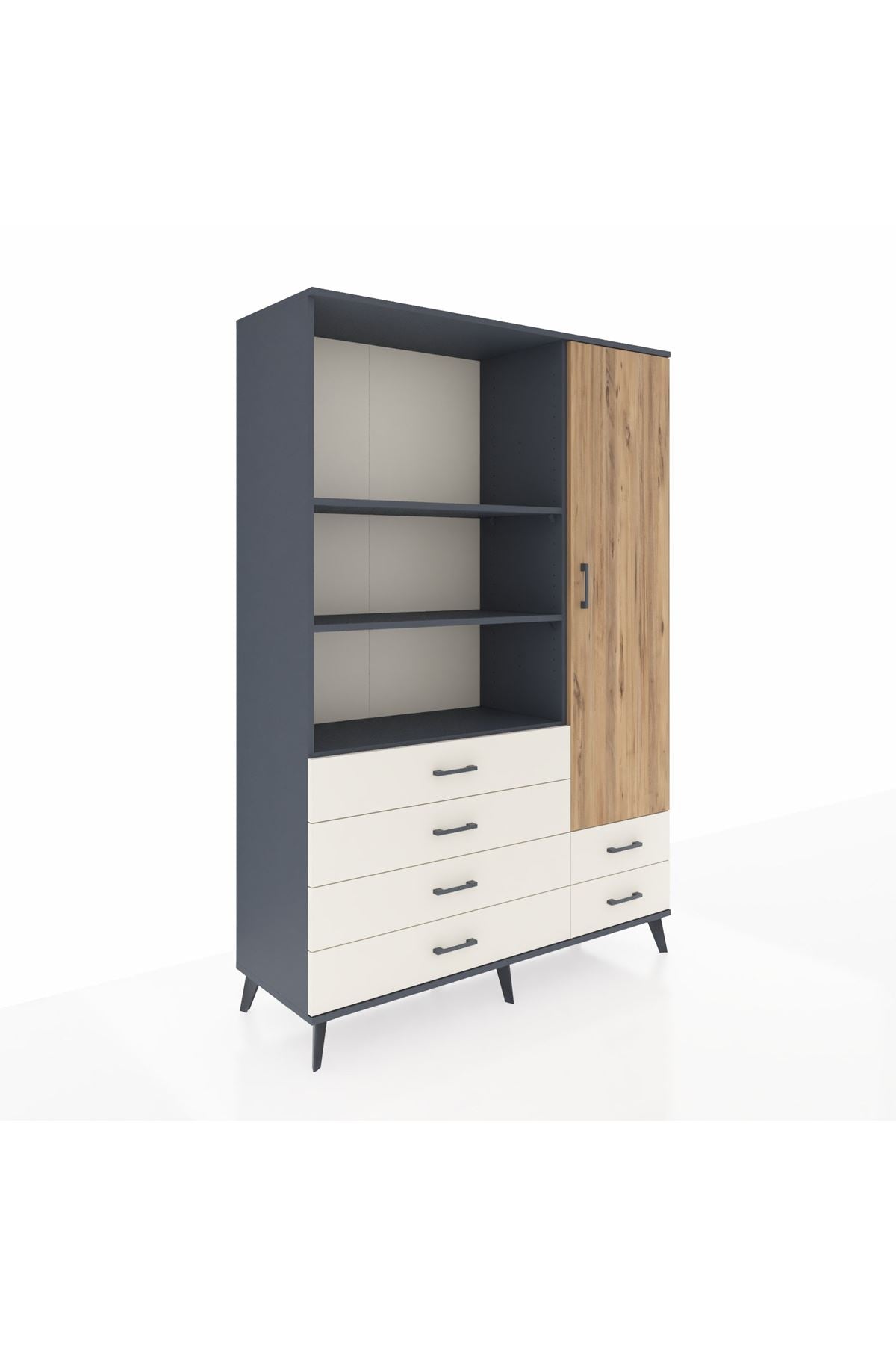 Hyperion Dolap 7 Raflı 6 Çekmeceli Tek Kapaklı  132x44x195 Antrasit-Çam/Aytaşı