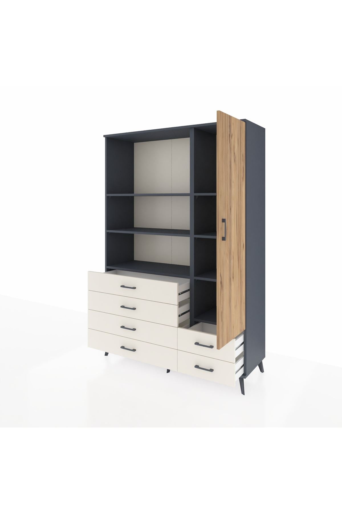 Hyperion Dolap 7 Raflı 6 Çekmeceli Tek Kapaklı  132x44x195 Antrasit-Çam/Aytaşı