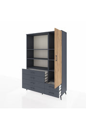 Hyperion Dolap 7 Raflı 6 Çekmeceli Tek Kapaklı  132x44x195 Antrasit-Çam/Antrasit