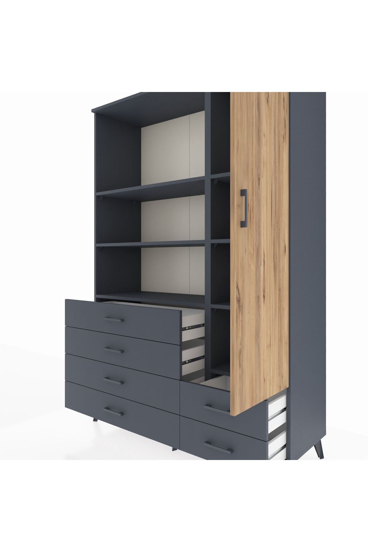 Hyperion Dolap 7 Raflı 6 Çekmeceli Tek Kapaklı  132x44x195 Antrasit-Çam/Antrasit