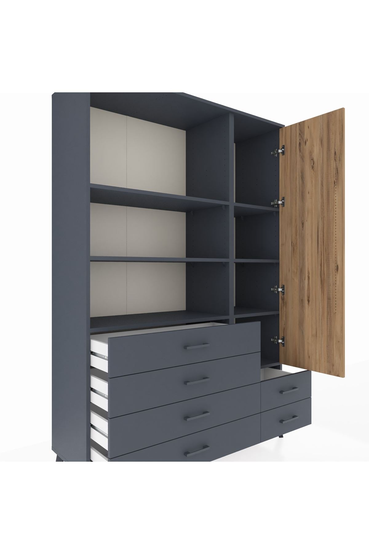 Hyperion Dolap 7 Raflı 6 Çekmeceli Tek Kapaklı  132x44x195 Antrasit-Çam/Antrasit