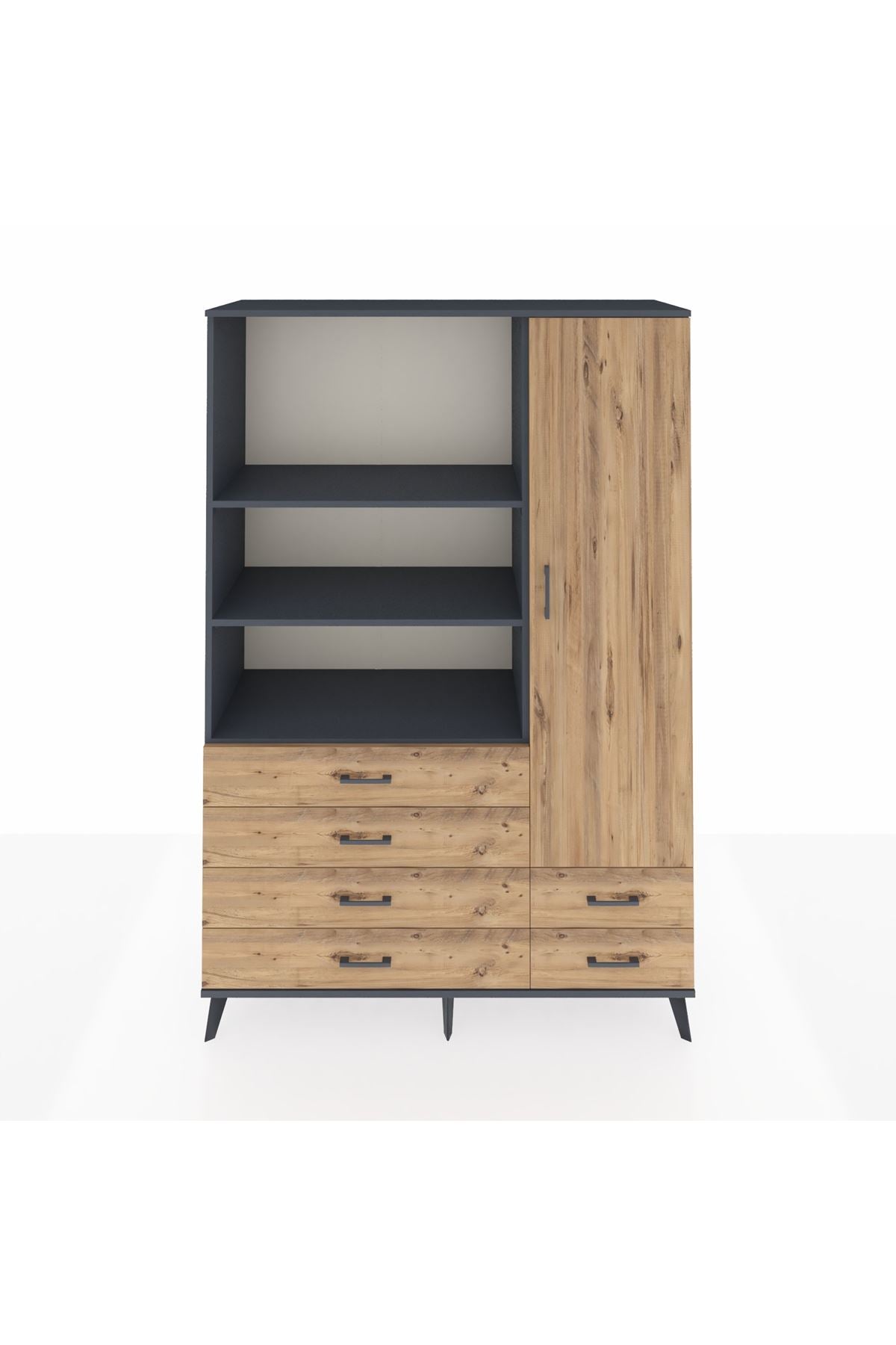 Hyperion Dolap 7 Raflı 6 Çekmeceli Tek Kapaklı  132x44x195 Antrasit-Çam/Çam