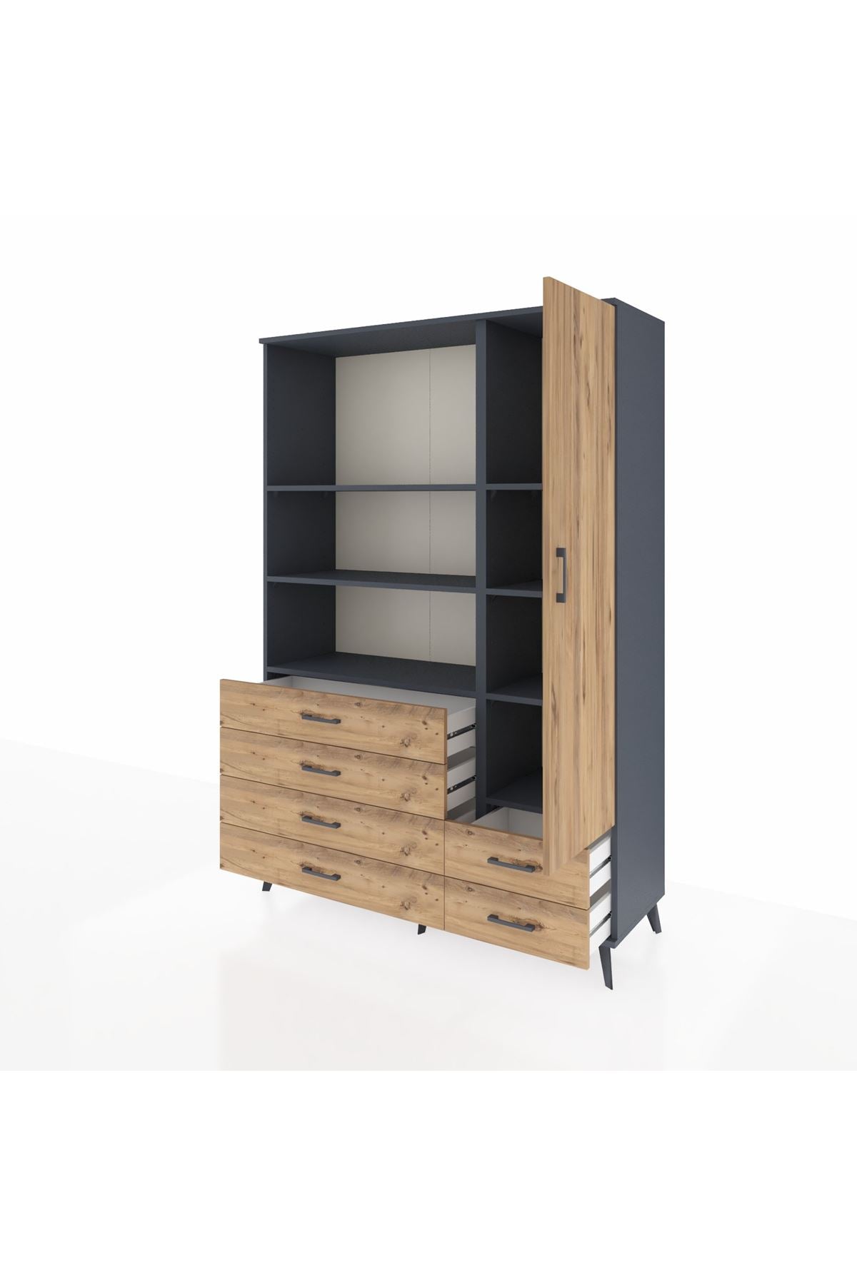 Hyperion Dolap 7 Raflı 6 Çekmeceli Tek Kapaklı  132x44x195 Antrasit-Çam/Çam