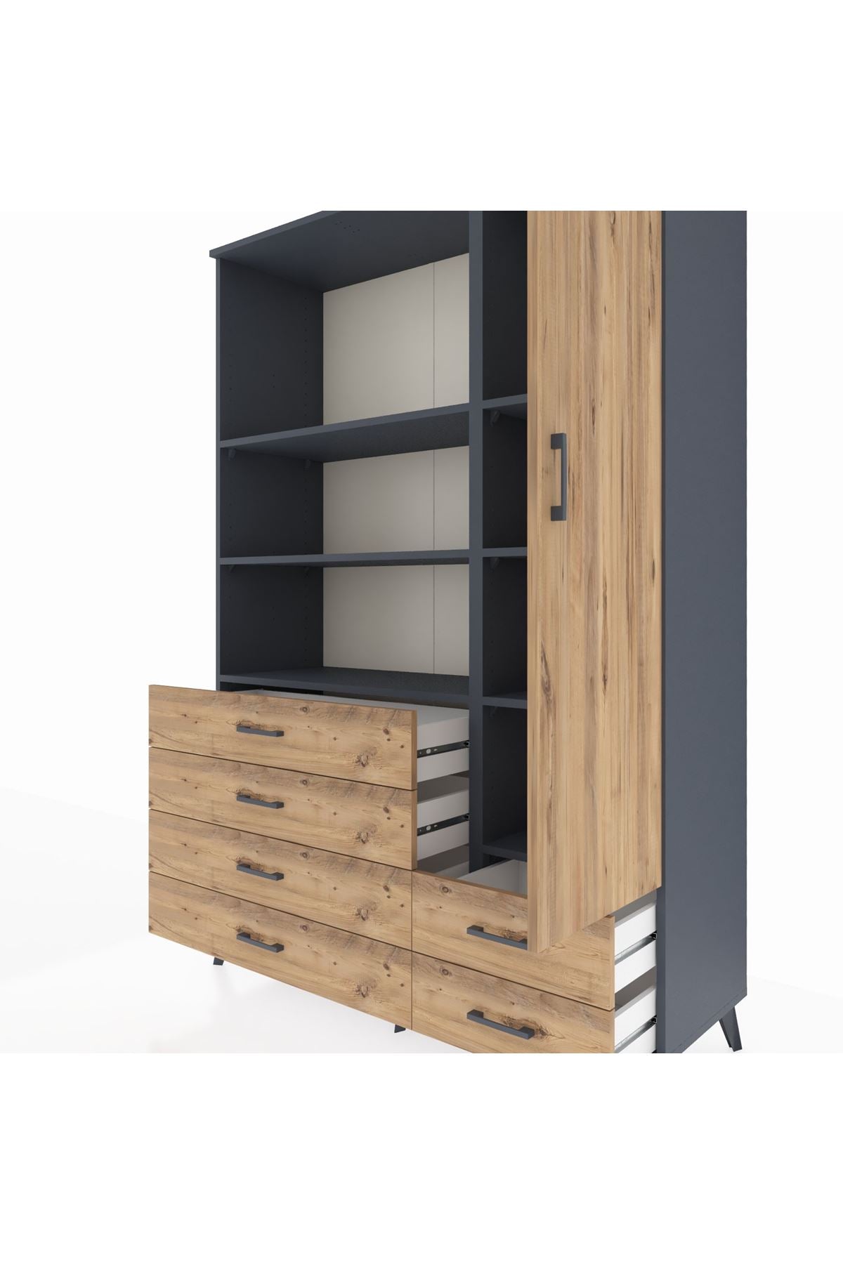 Hyperion Dolap 7 Raflı 6 Çekmeceli Tek Kapaklı  132x44x195 Antrasit-Çam/Çam