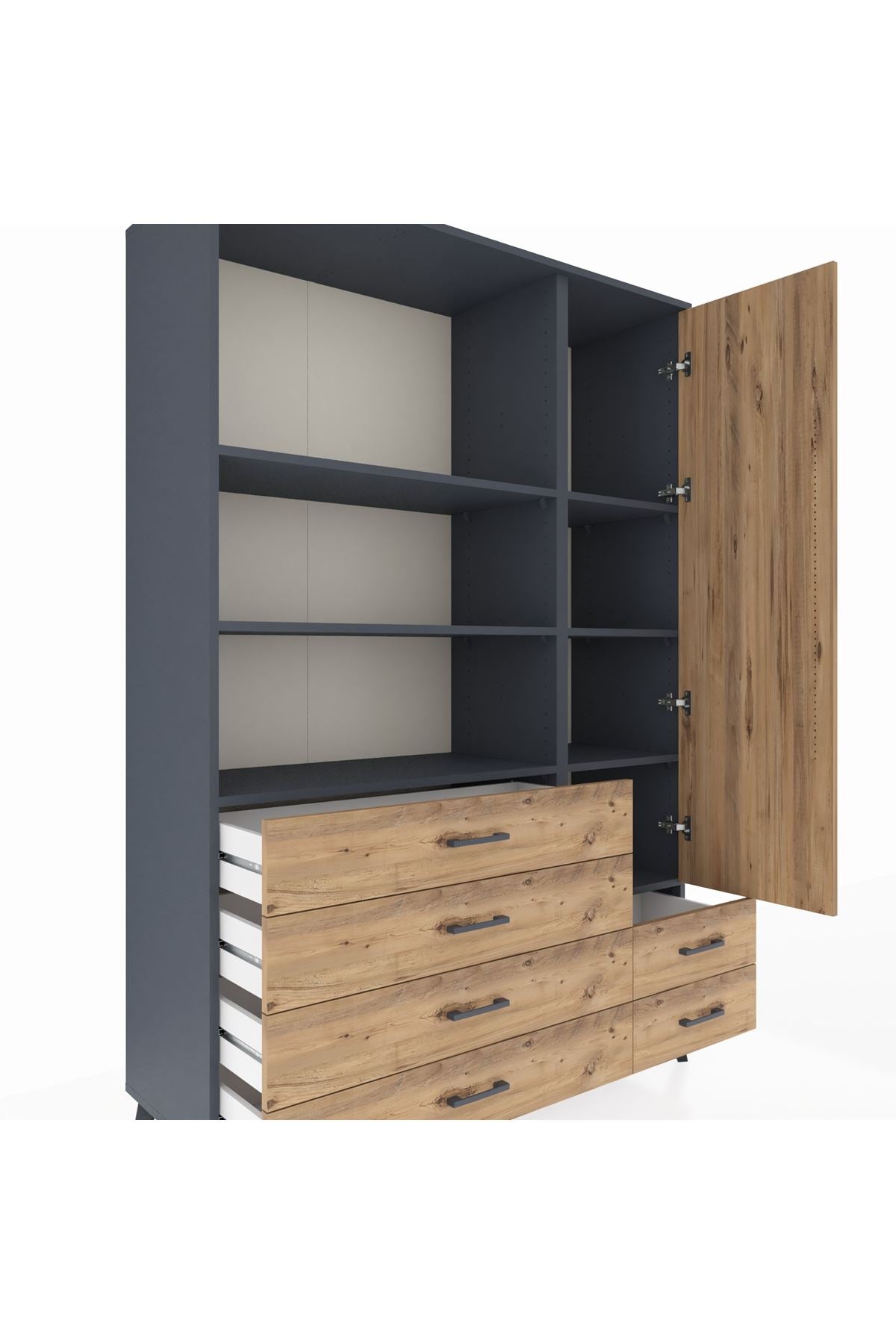 Hyperion Dolap 7 Raflı 6 Çekmeceli Tek Kapaklı  132x44x195 Antrasit-Çam/Çam