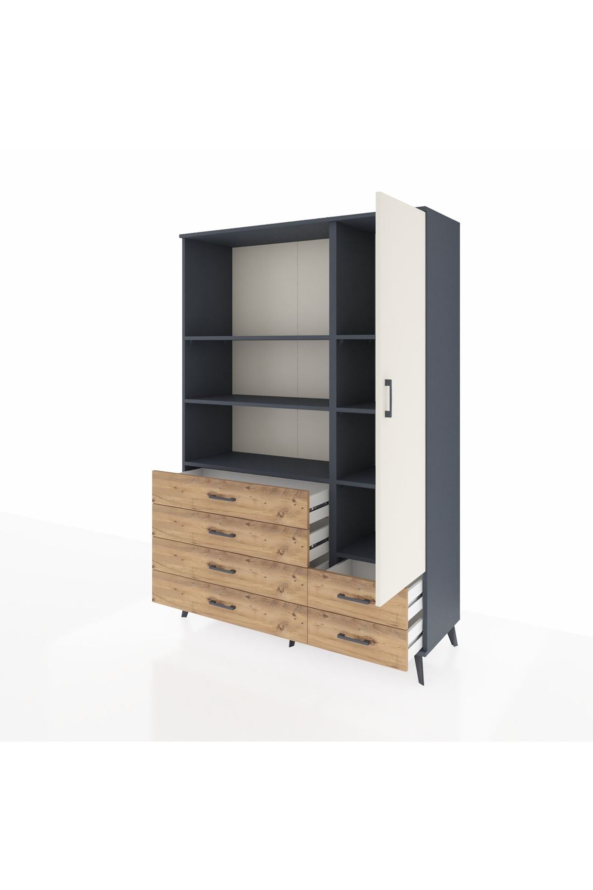 Hyperion Dolap 7 Raflı 6 Çekmeceli Tek Kapaklı  132x44x195 Antrasit-Aytaşı/Çam