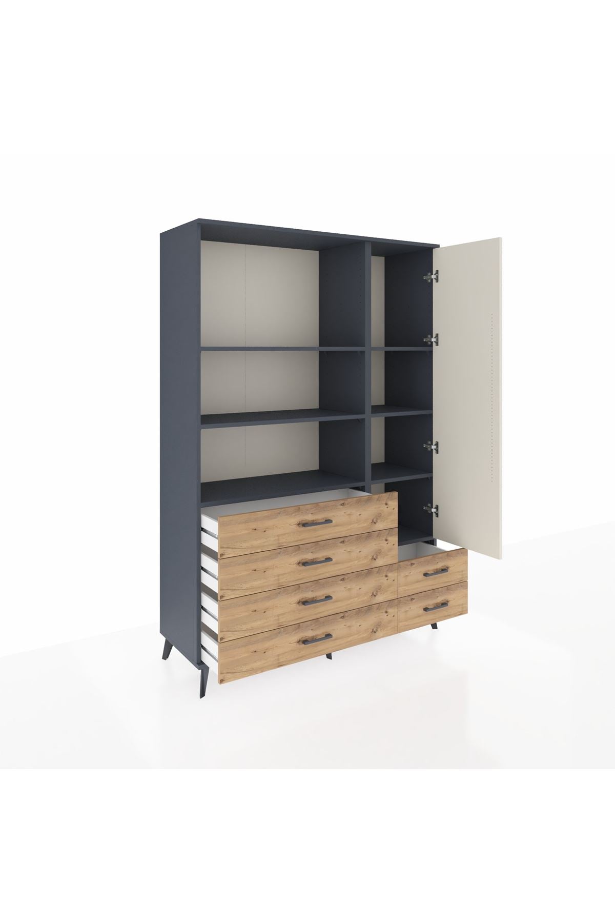 Hyperion Dolap 7 Raflı 6 Çekmeceli Tek Kapaklı  132x44x195 Antrasit-Aytaşı/Çam