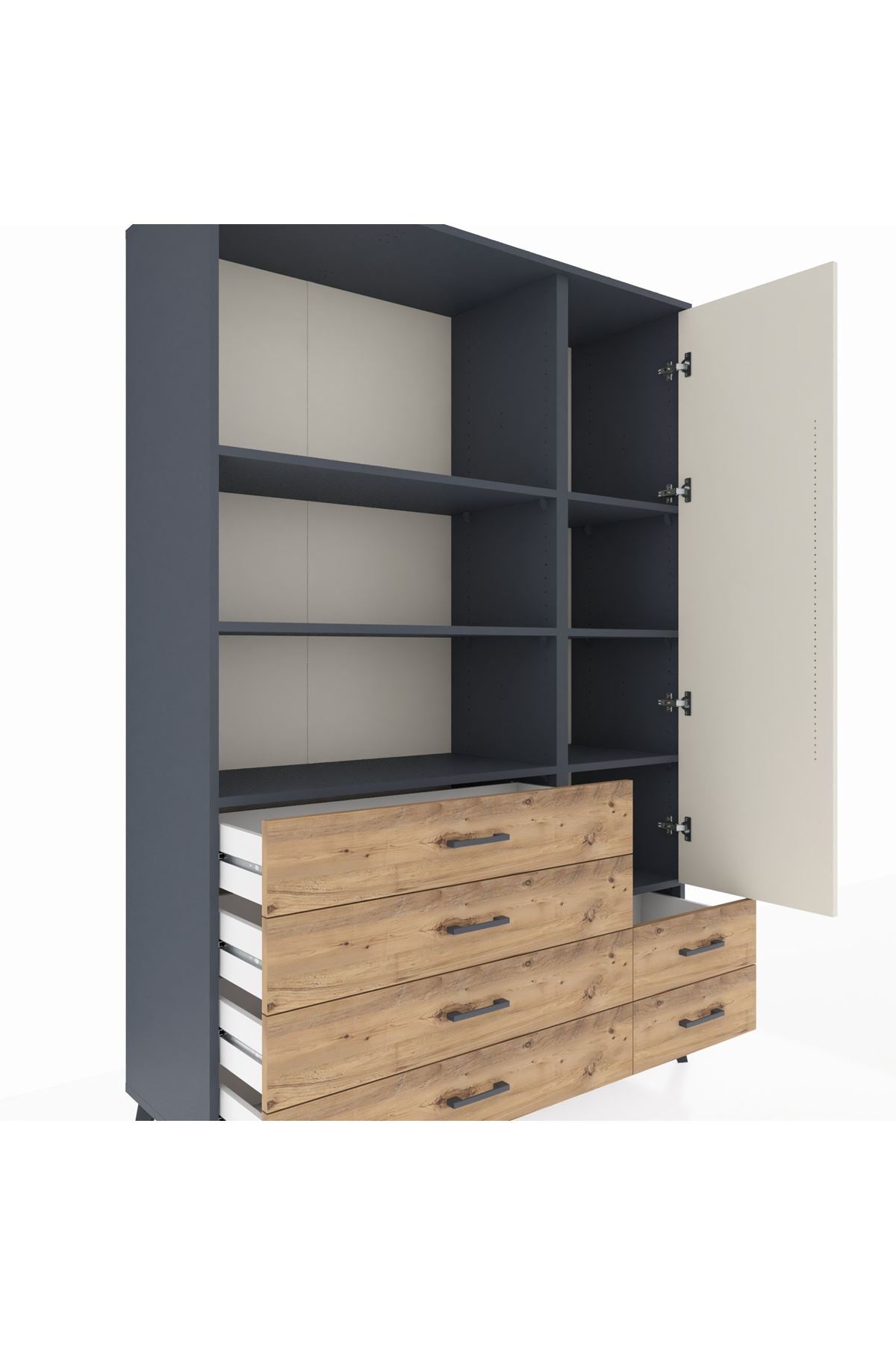 Hyperion Dolap 7 Raflı 6 Çekmeceli Tek Kapaklı  132x44x195 Antrasit-Aytaşı/Çam