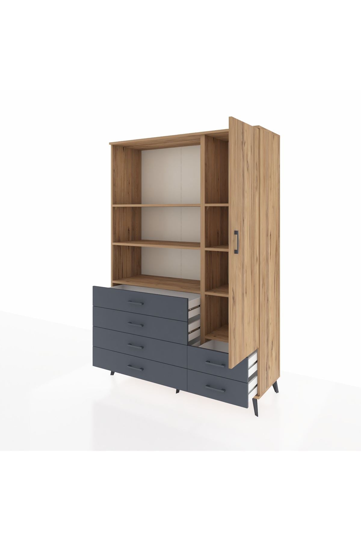 Hyperion Dolap 7 Raflı 6 Çekmeceli Tek Kapaklı  132x44x195 Çam-Çam/Antrasit