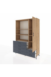 Hyperion Dolap 7 Raflı 6 Çekmeceli Tek Kapaklı  132x44x195 Çam-Çam/Antrasit