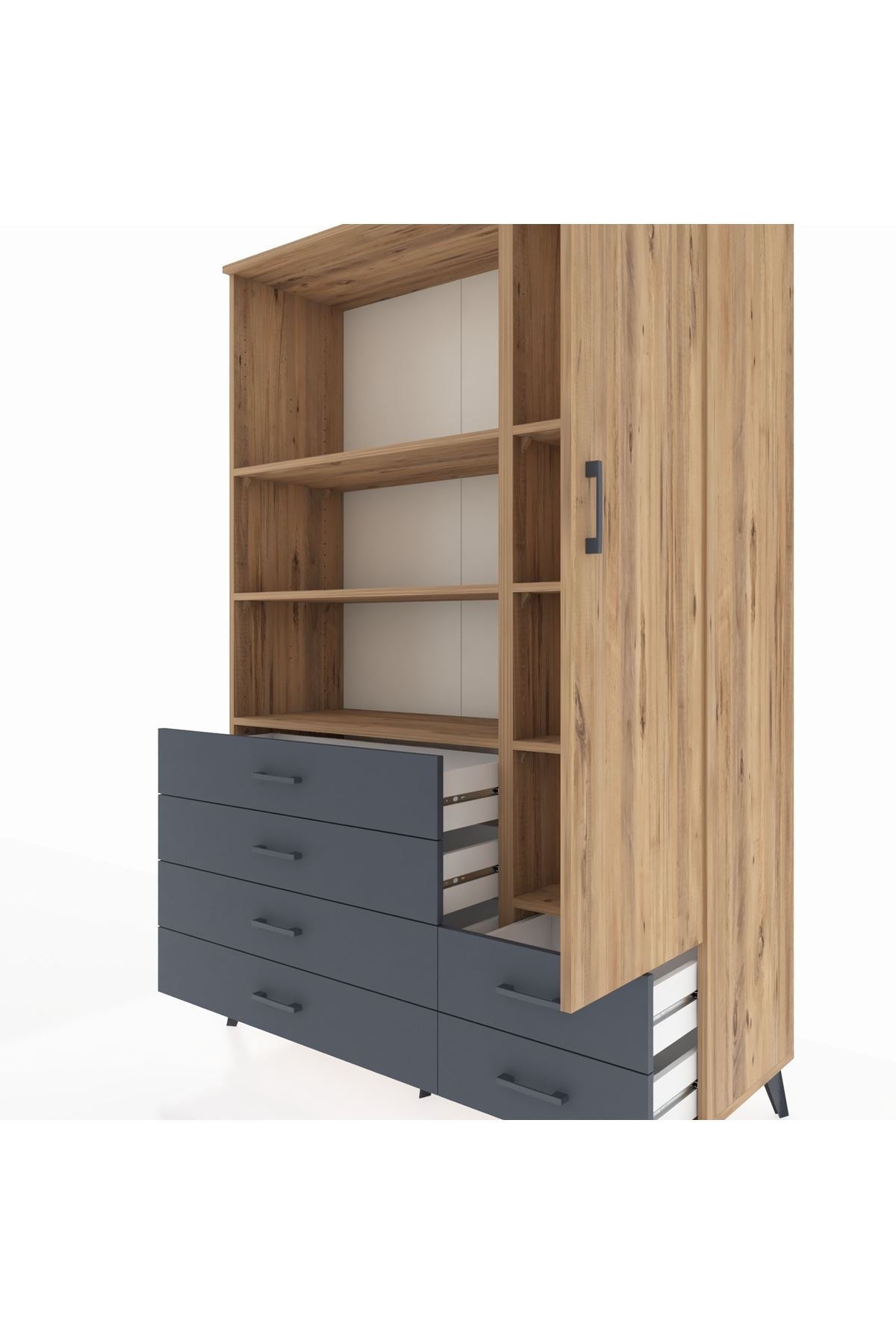 Hyperion Dolap 7 Raflı 6 Çekmeceli Tek Kapaklı  132x44x195 Çam-Çam/Antrasit