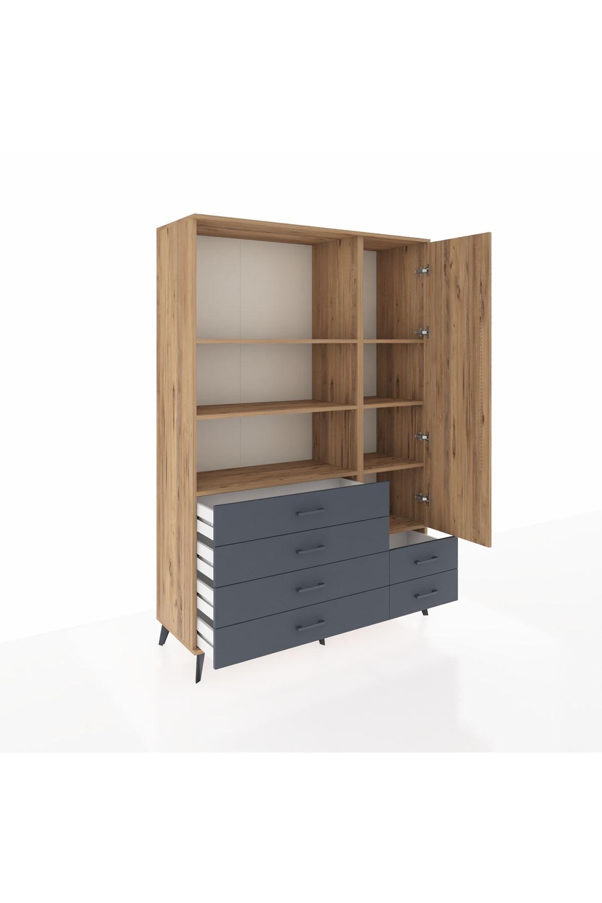 Hyperion Dolap 7 Raflı 6 Çekmeceli Tek Kapaklı  132x44x195 Çam-Çam/Antrasit