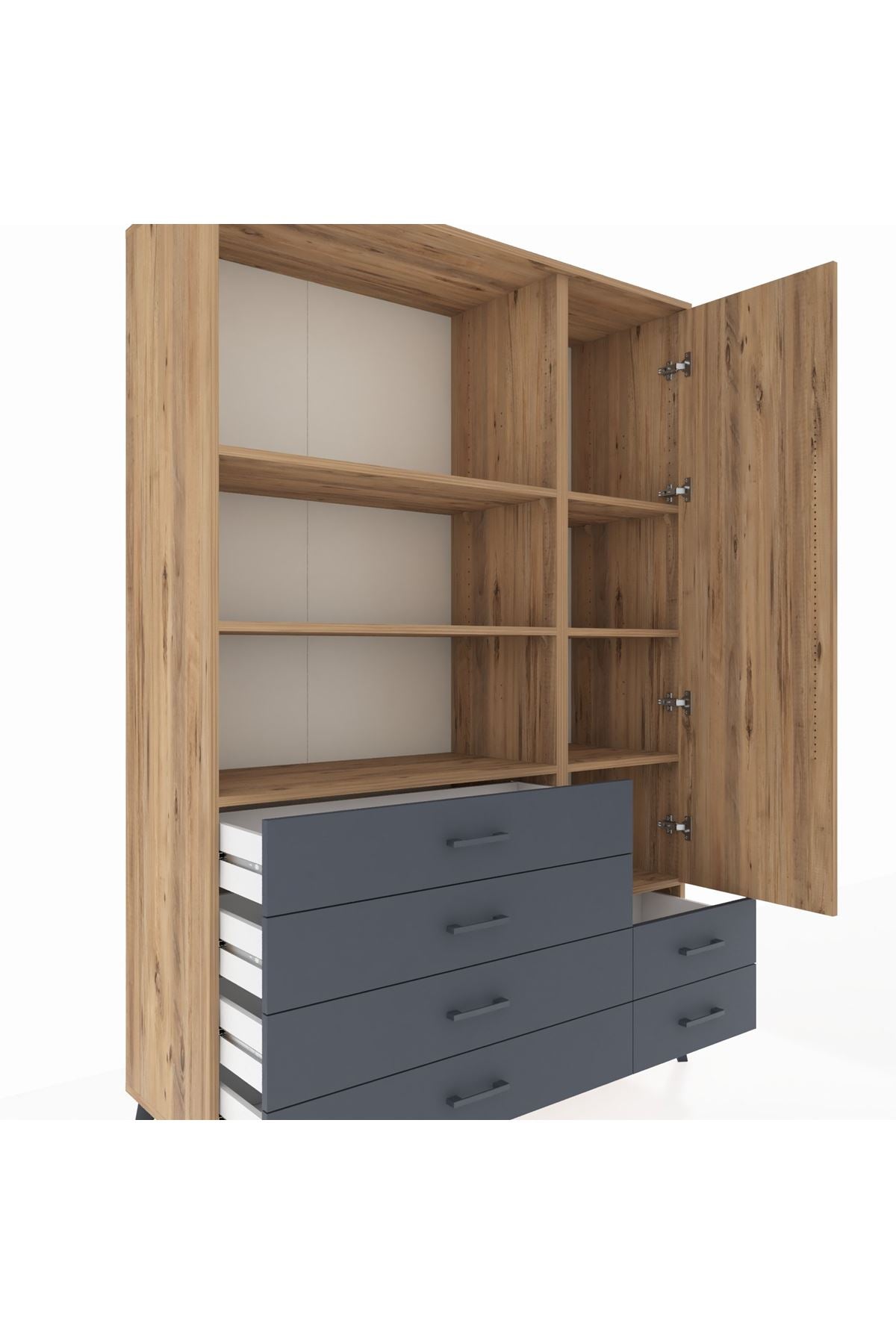 Hyperion Dolap 7 Raflı 6 Çekmeceli Tek Kapaklı  132x44x195 Çam-Çam/Antrasit