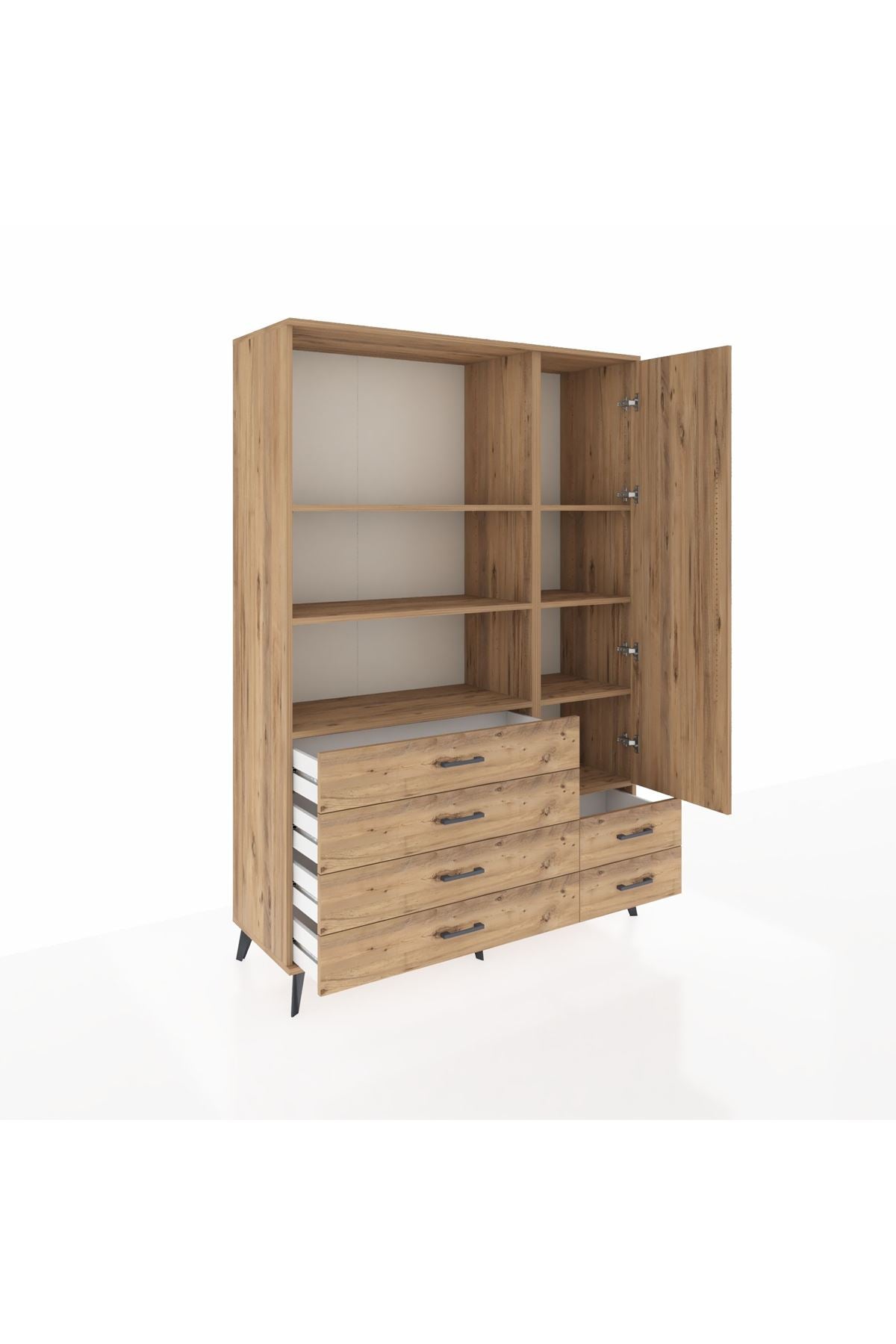 Hyperion Dolap 7 Raflı 6 Çekmeceli Tek Kapaklı  132x44x195 Çam-Çam/Çam