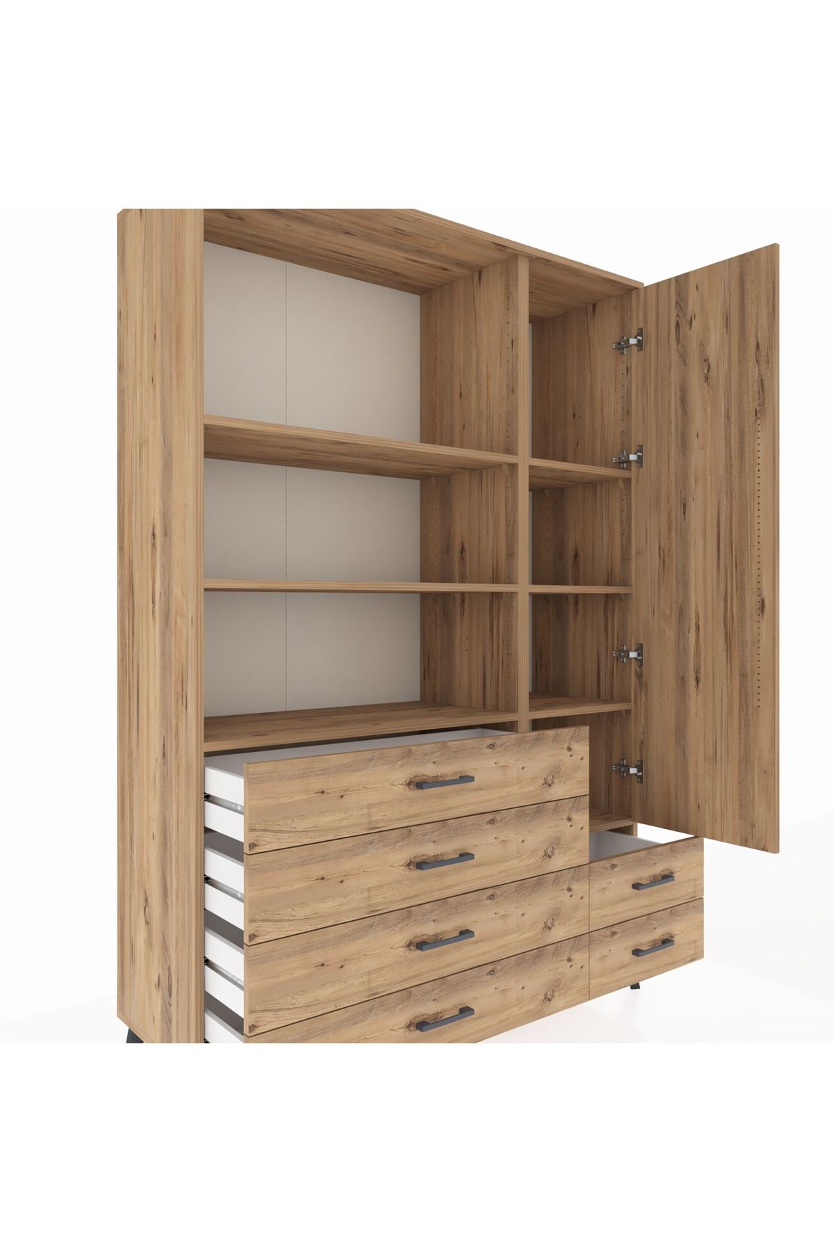 Hyperion Dolap 7 Raflı 6 Çekmeceli Tek Kapaklı  132x44x195 Çam-Çam/Çam