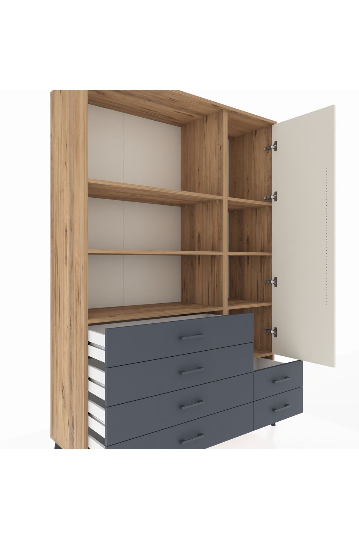 Hyperion Dolap 7 Raflı 6 Çekmeceli Tek Kapaklı  132x44x195 Çam-Aytaşı/Antrasit