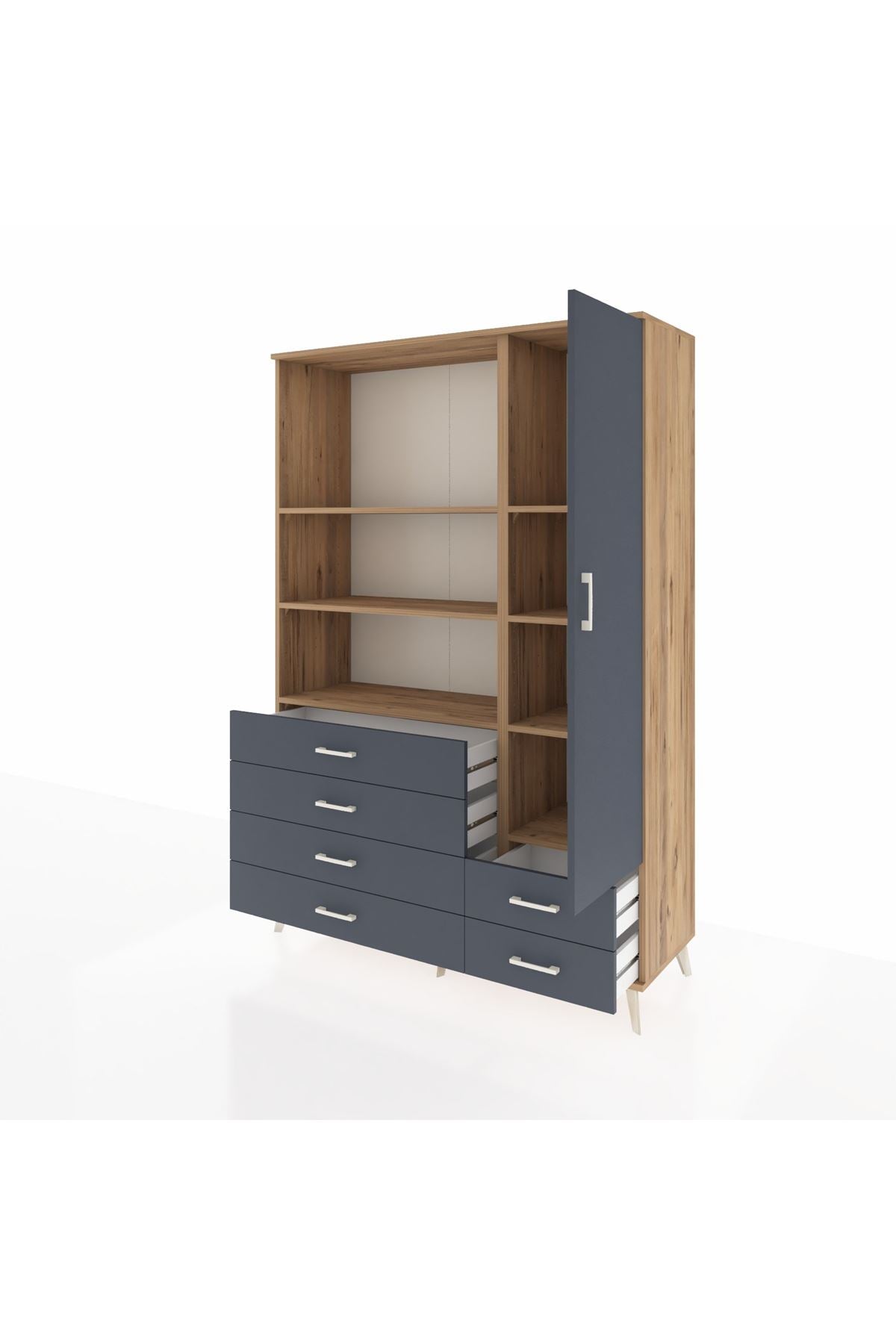 Hyperion Dolap 7 Raflı 6 Çekmeceli Tek Kapaklı  132x44x195 Çam-Antrasit/Antrasit