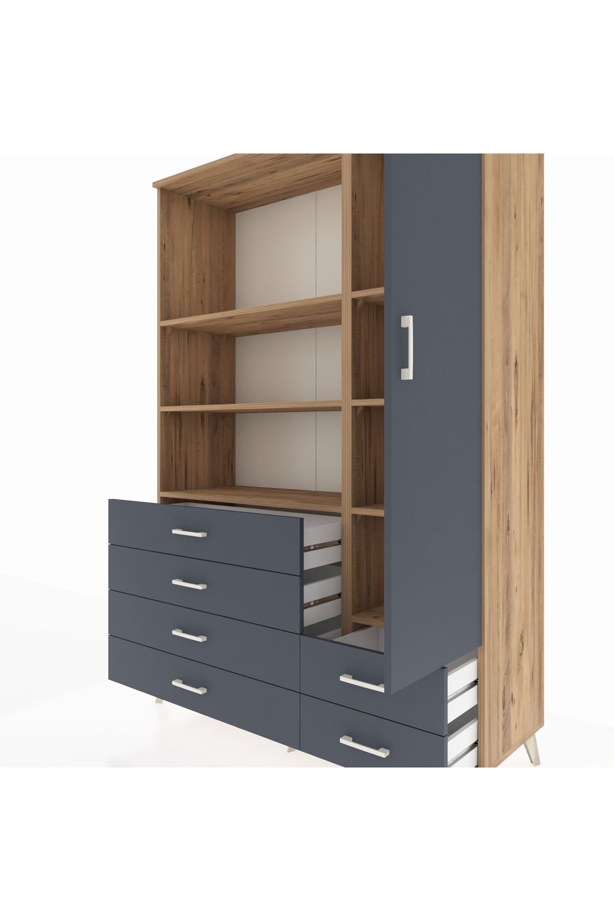 Hyperion Dolap 7 Raflı 6 Çekmeceli Tek Kapaklı  132x44x195 Çam-Antrasit/Antrasit