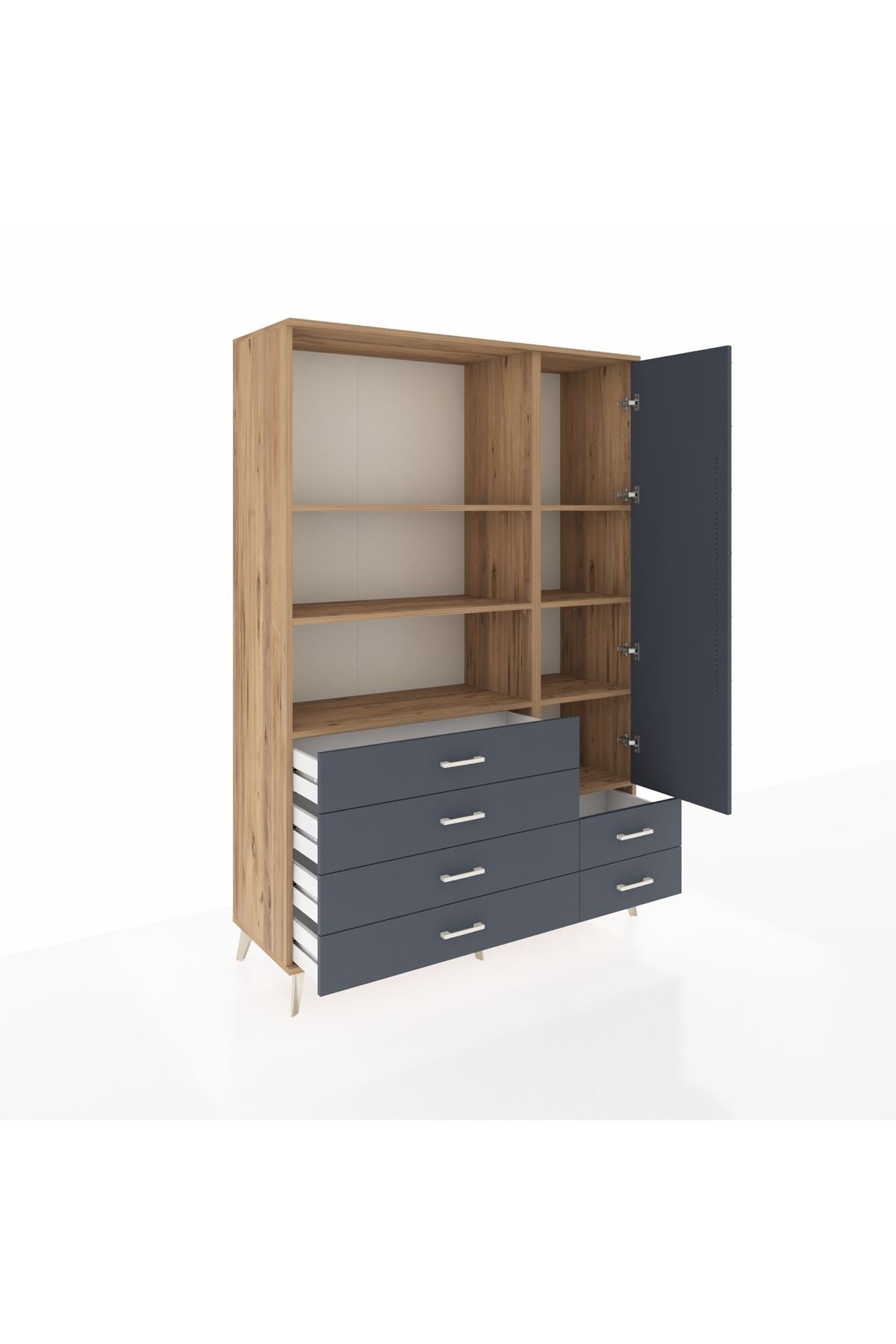 Hyperion Dolap 7 Raflı 6 Çekmeceli Tek Kapaklı  132x44x195 Çam-Antrasit/Antrasit