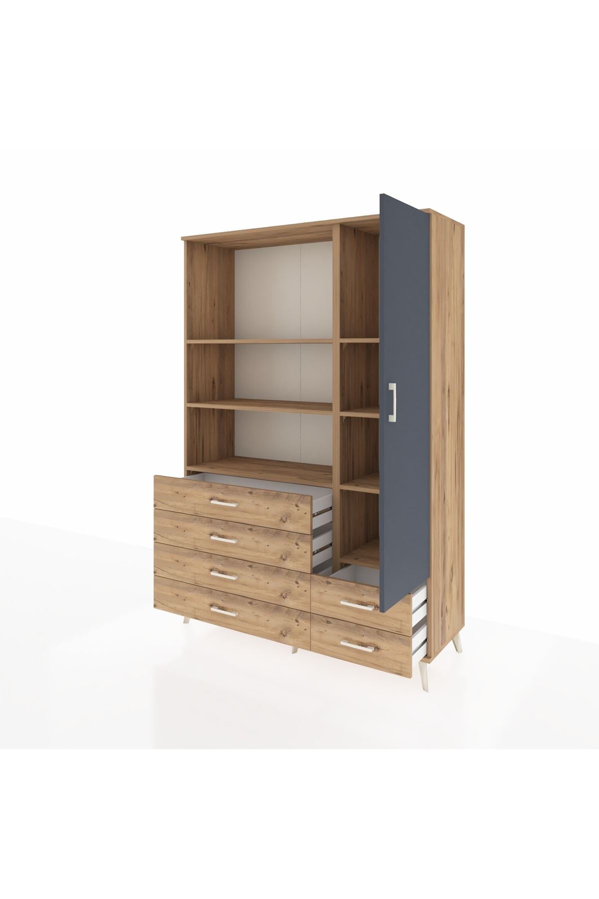 Hyperion Dolap 7 Raflı 6 Çekmeceli Tek Kapaklı  132x44x195 Çam-Antrasit/Çam