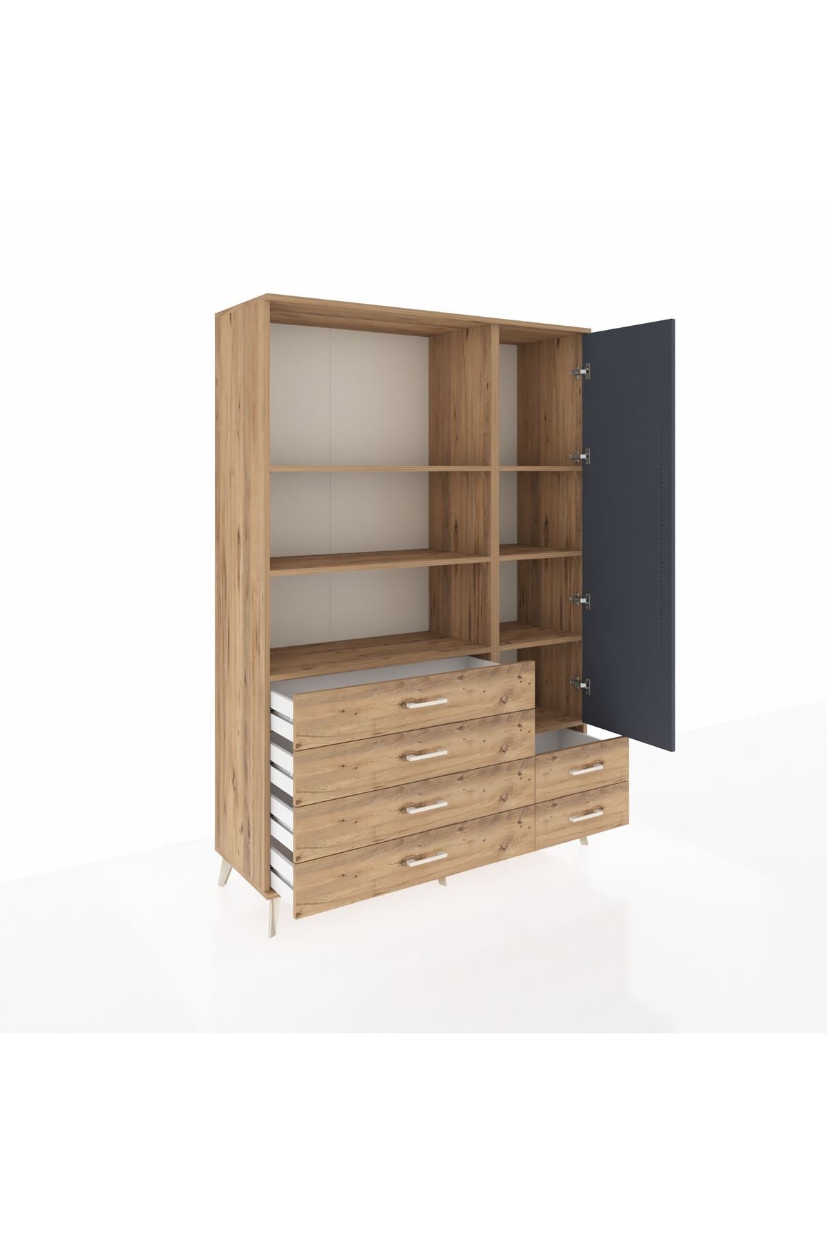 Hyperion Dolap 7 Raflı 6 Çekmeceli Tek Kapaklı  132x44x195 Çam-Antrasit/Çam