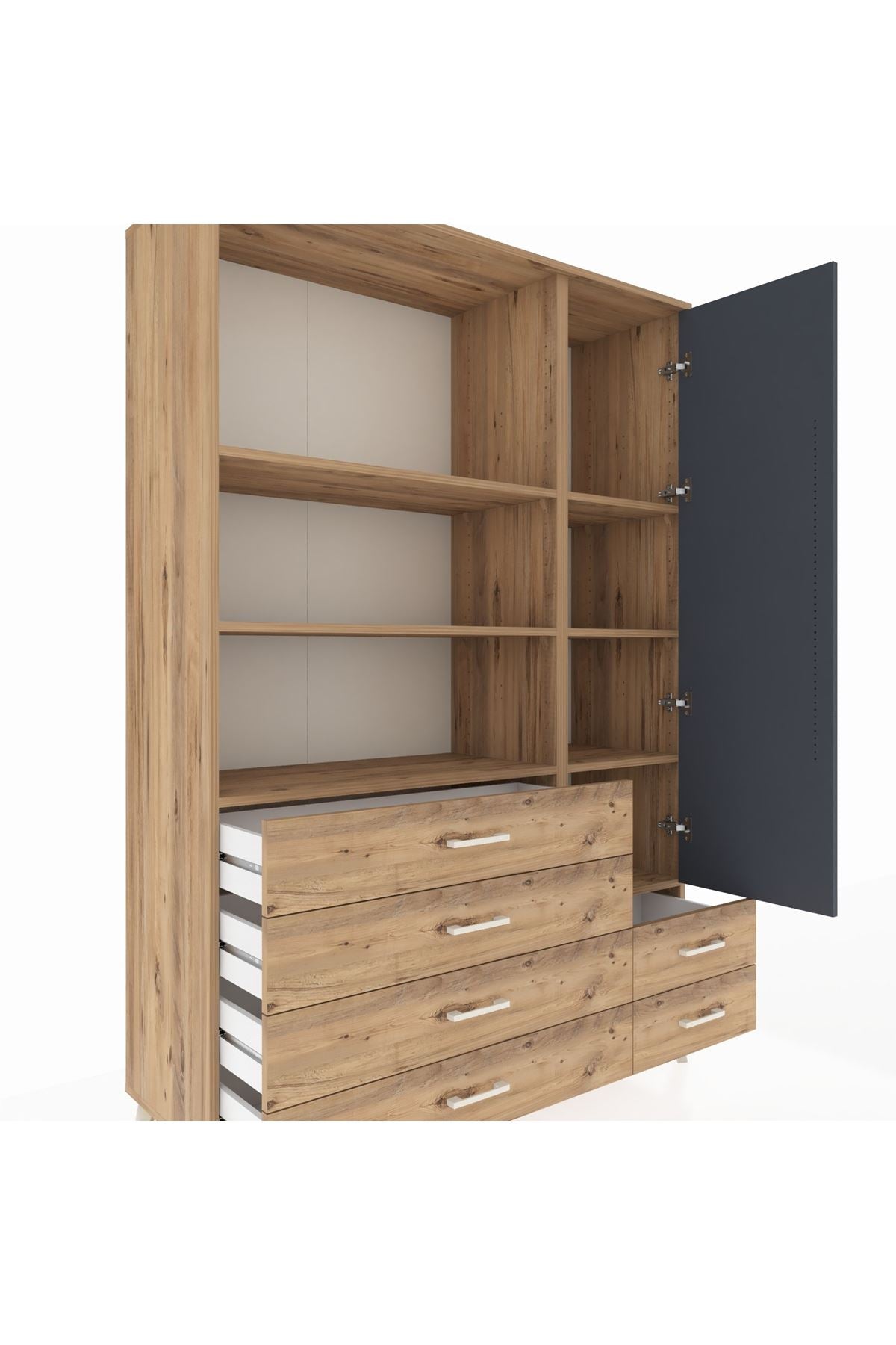 Hyperion Dolap 7 Raflı 6 Çekmeceli Tek Kapaklı  132x44x195 Çam-Antrasit/Çam