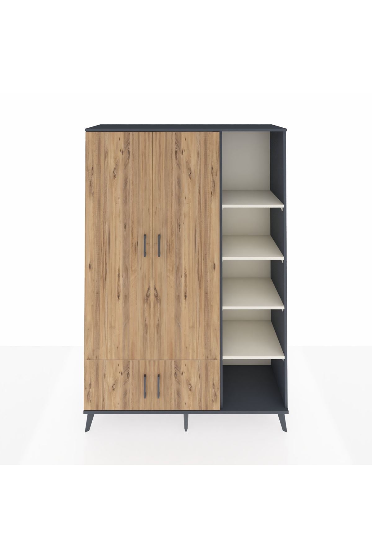 Hyperion Dolap 6 Raflı 4 Kapaklı Tek Askılı 132x44x195 Antrasit-Çam/Aytaşı