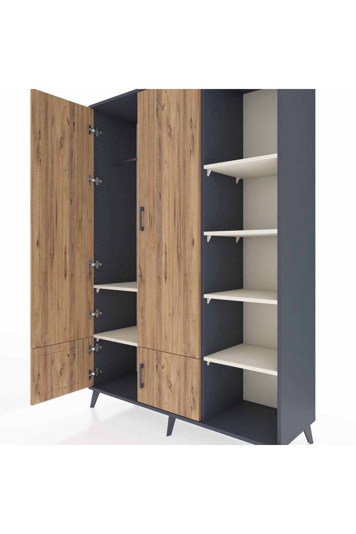 Hyperion Dolap 6 Raflı 4 Kapaklı Tek Askılı 132x44x195 Antrasit-Çam/Aytaşı