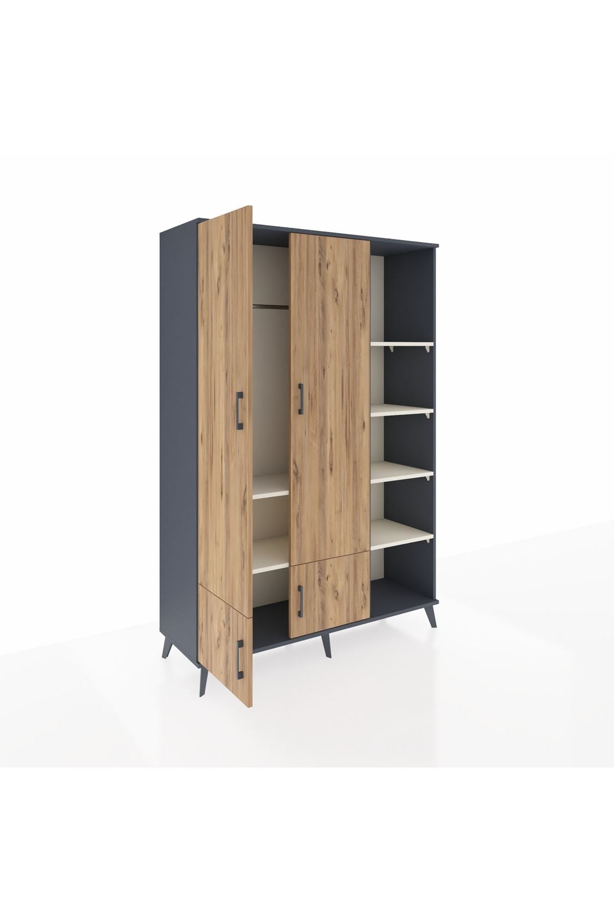 Hyperion Dolap 6 Raflı 4 Kapaklı Tek Askılı 132x44x195 Antrasit-Çam/Aytaşı