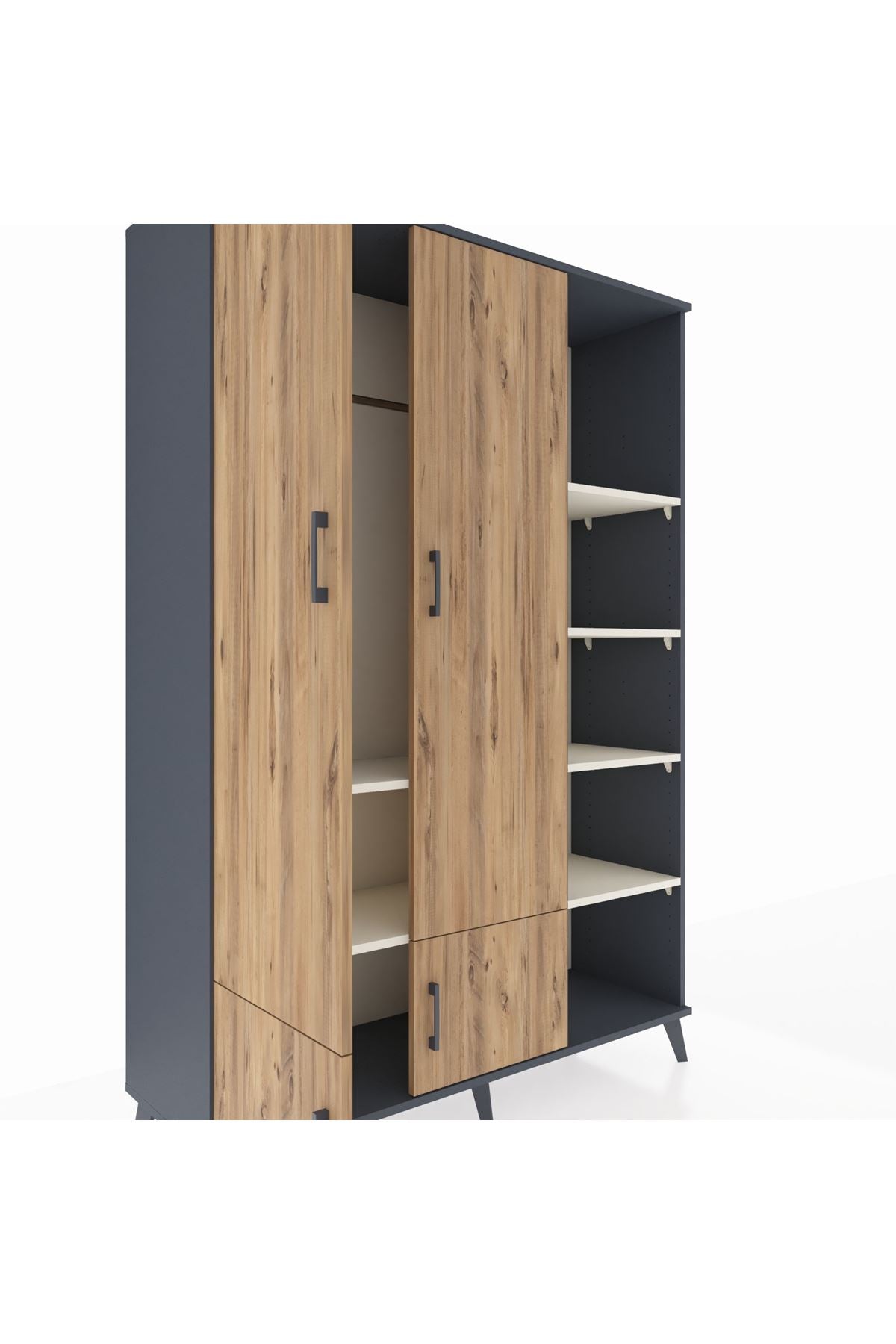 Hyperion Dolap 6 Raflı 4 Kapaklı Tek Askılı 132x44x195 Antrasit-Çam/Aytaşı