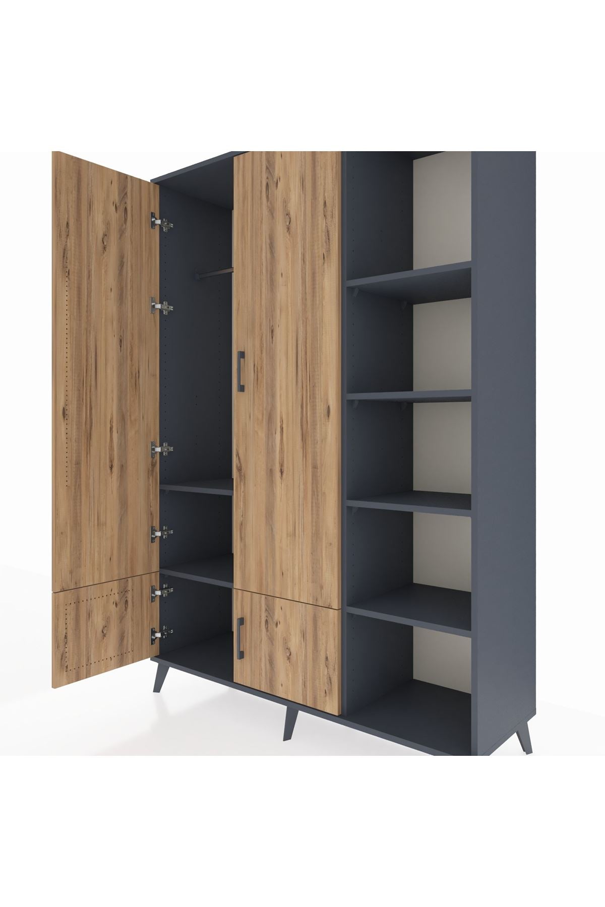 Hyperion Dolap 6 Raflı 4 Kapaklı Tek Askılı 132x44x195 Antrasit-Çam/Antrasit