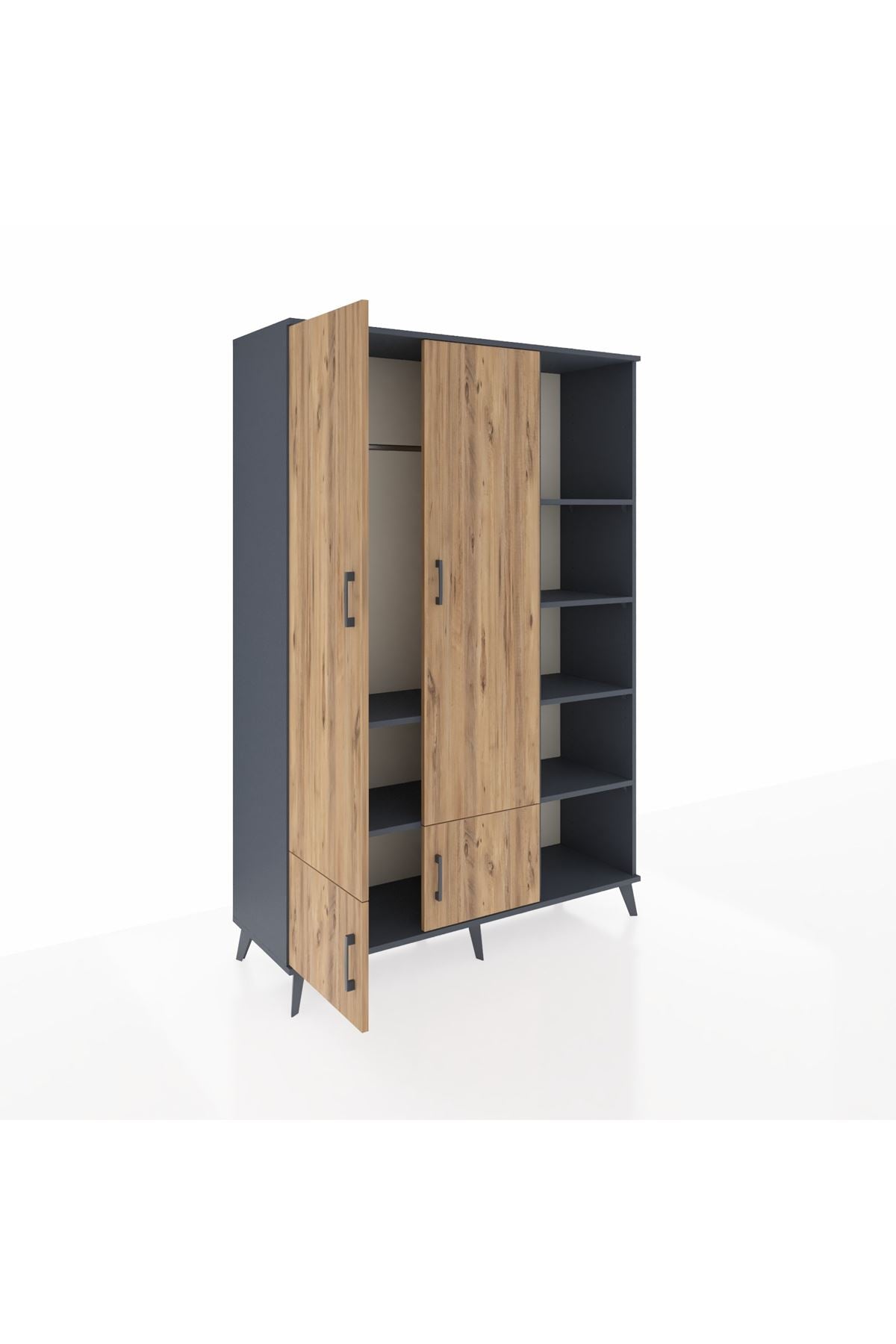 Hyperion Dolap 6 Raflı 4 Kapaklı Tek Askılı 132x44x195 Antrasit-Çam/Antrasit