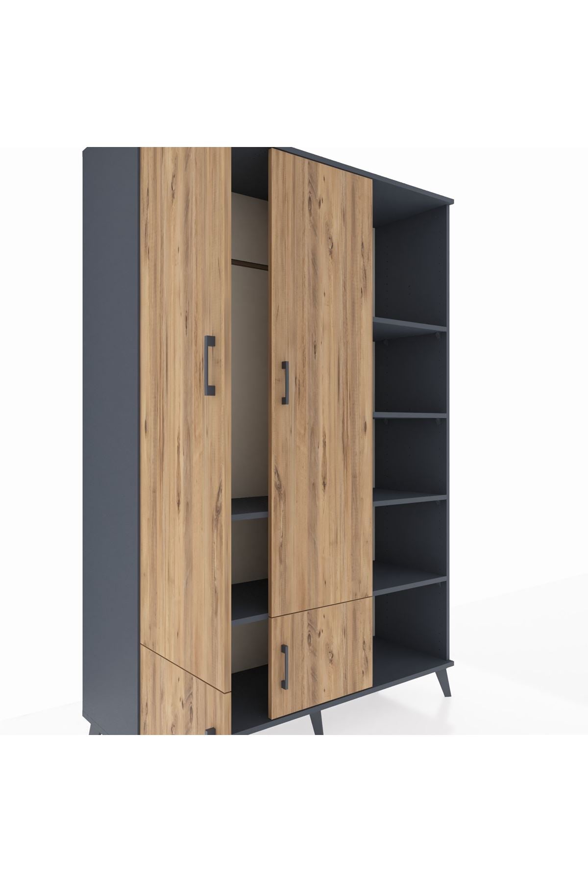 Hyperion Dolap 6 Raflı 4 Kapaklı Tek Askılı 132x44x195 Antrasit-Çam/Antrasit