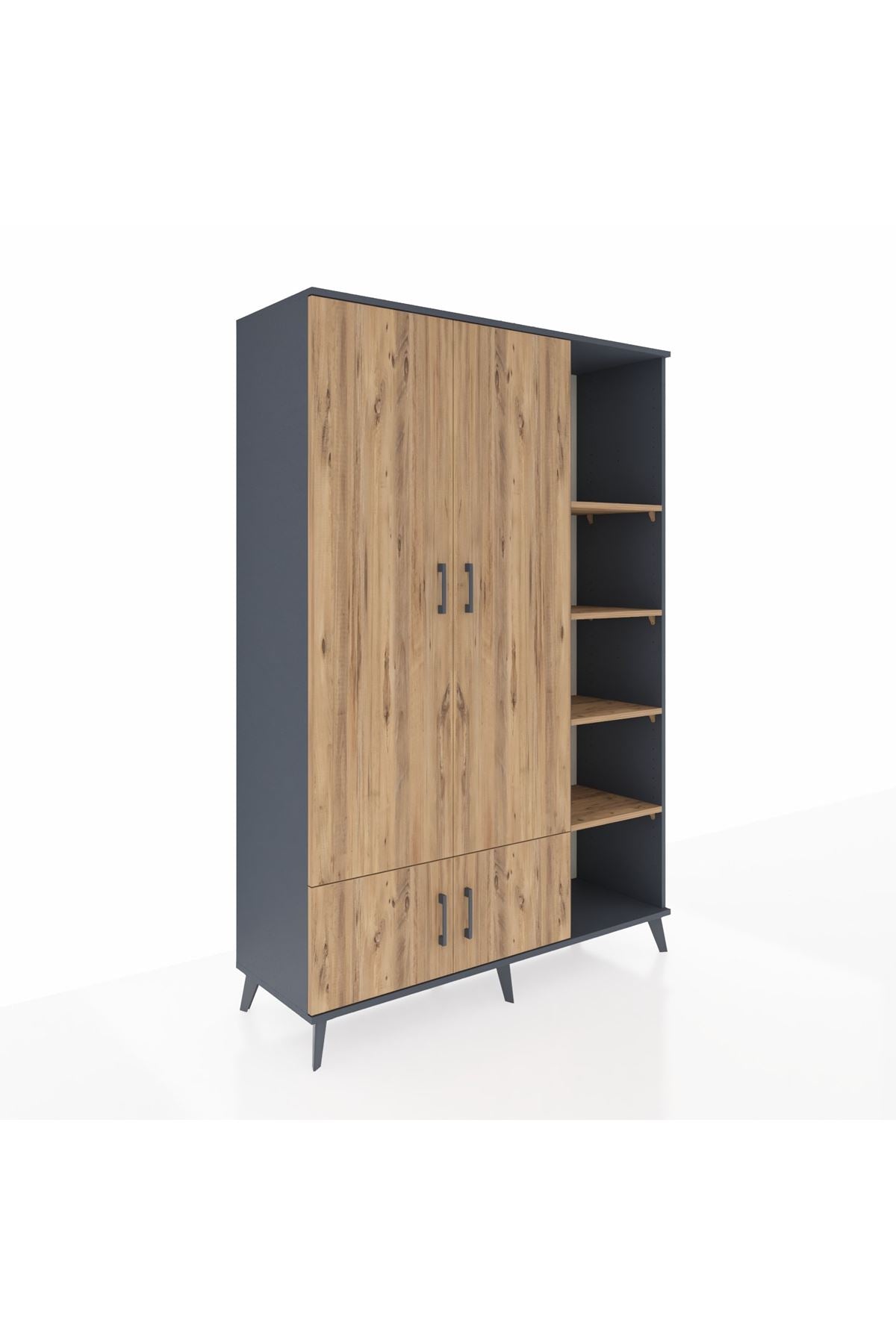 Hyperion Dolap 6 Raflı 4 Kapaklı Tek Askılı 132x44x195 Antrasit-Çam/Çam