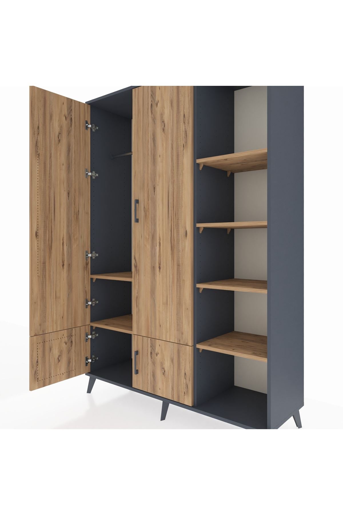 Hyperion Dolap 6 Raflı 4 Kapaklı Tek Askılı 132x44x195 Antrasit-Çam/Çam